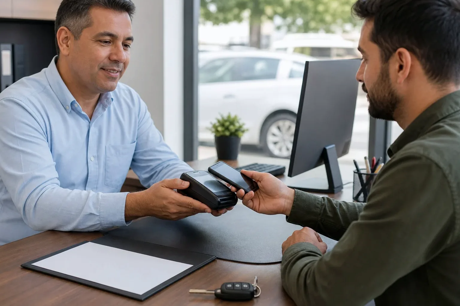 Profissional ajuda cliente a regularizar débitos de veículo.