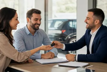 Profissional orienta cliente no processo de transferência de veículo.
