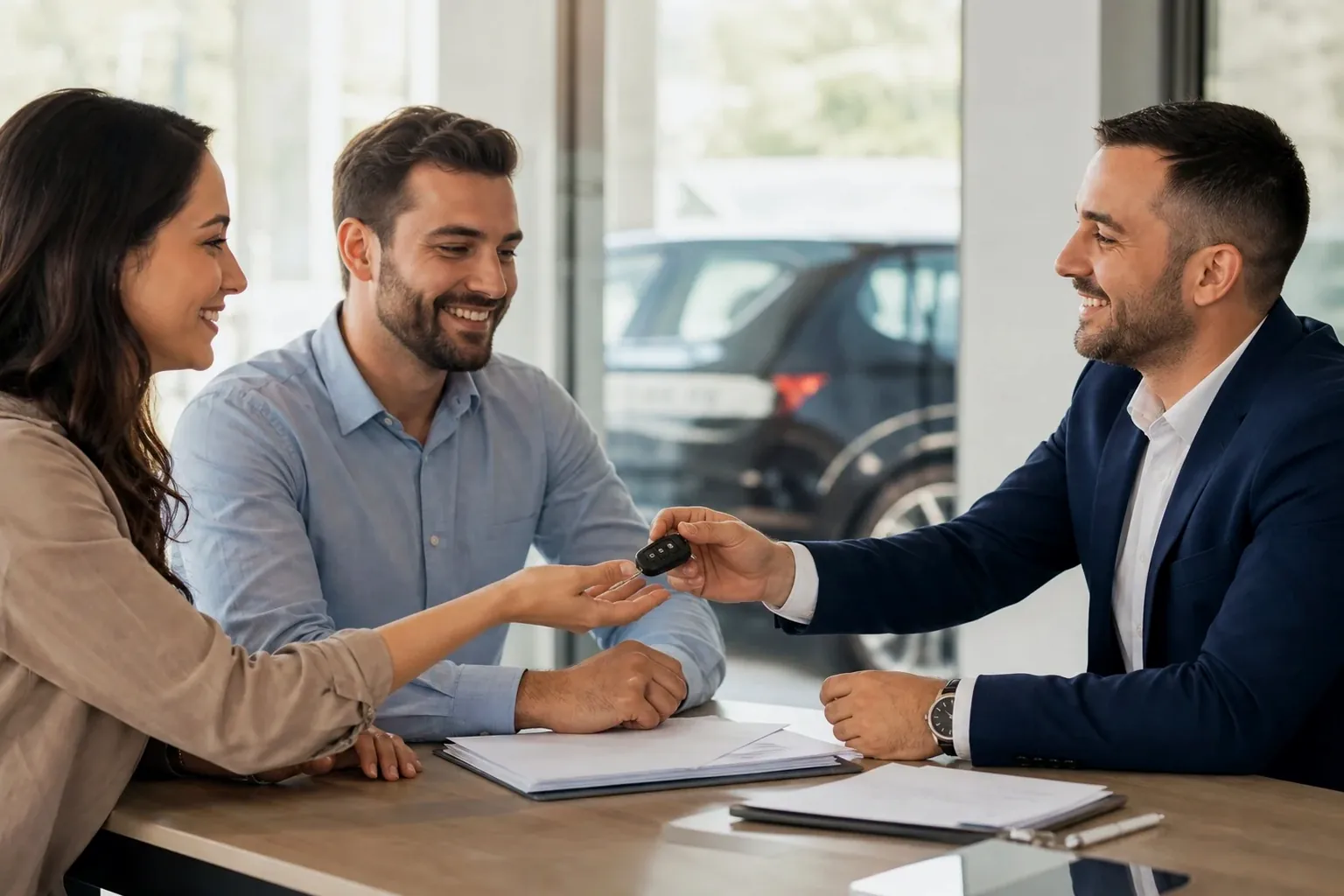 Profissional orienta cliente no processo de transferência de veículo.